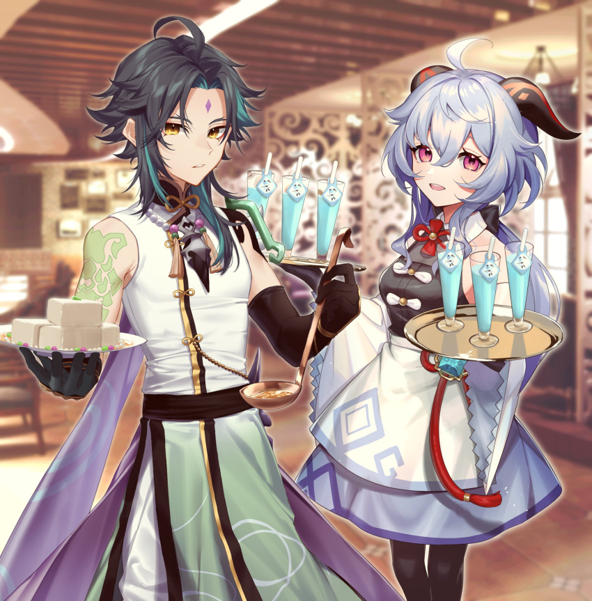 1boy 1girl absurdres ahoge almond_tofu_(genshin_impact) arm_tattoo bangs bead_necklace beads black_hair black_legwear blue_hair blue_skirt blush botantouki bow bowtie breasts chinese_knot dipper drink facial_mark flower_knot food forehead_mark ganyu_(genshin_impact) genshin_impact highres horns indoors jewelry long_hair looking_at_viewer low_ponytail medium_breasts necklace pants shirt sidelocks skirt smile standing tassel tattoo totomagg tray violet_eyes vision_(genshin_impact) white_pants white_shirt xiao_(genshin_impact) yellow_eyes