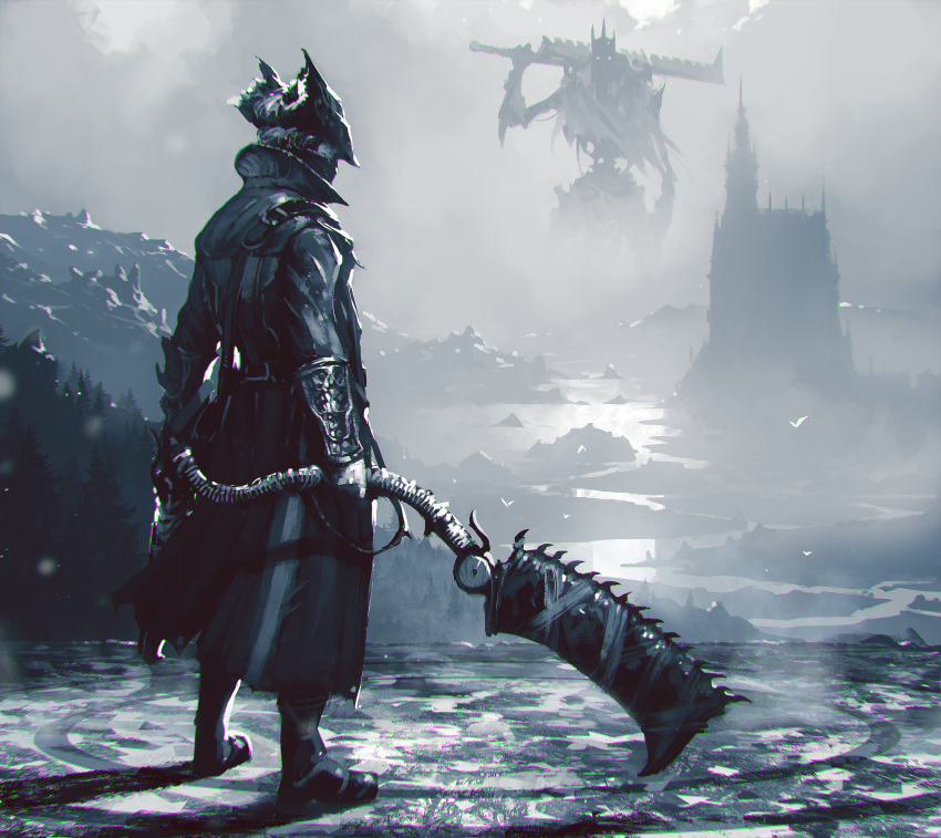 2boys absurdres bloodborne boots castle commentary company_connection crossover dark_souls_(series) dark_souls_iii dual_wielding english_commentary fog from_behind from_software full_body giant gun hat high_collar highres holding huge_weapon hunter_(bloodborne) kalmahul long_coat male_focus mask monochrome mouth_mask multiple_boys photoshop_(medium) saw_cleaver scenery size_difference solo_focus standing sword tricorne vambraces weapon yhorm_the_giant