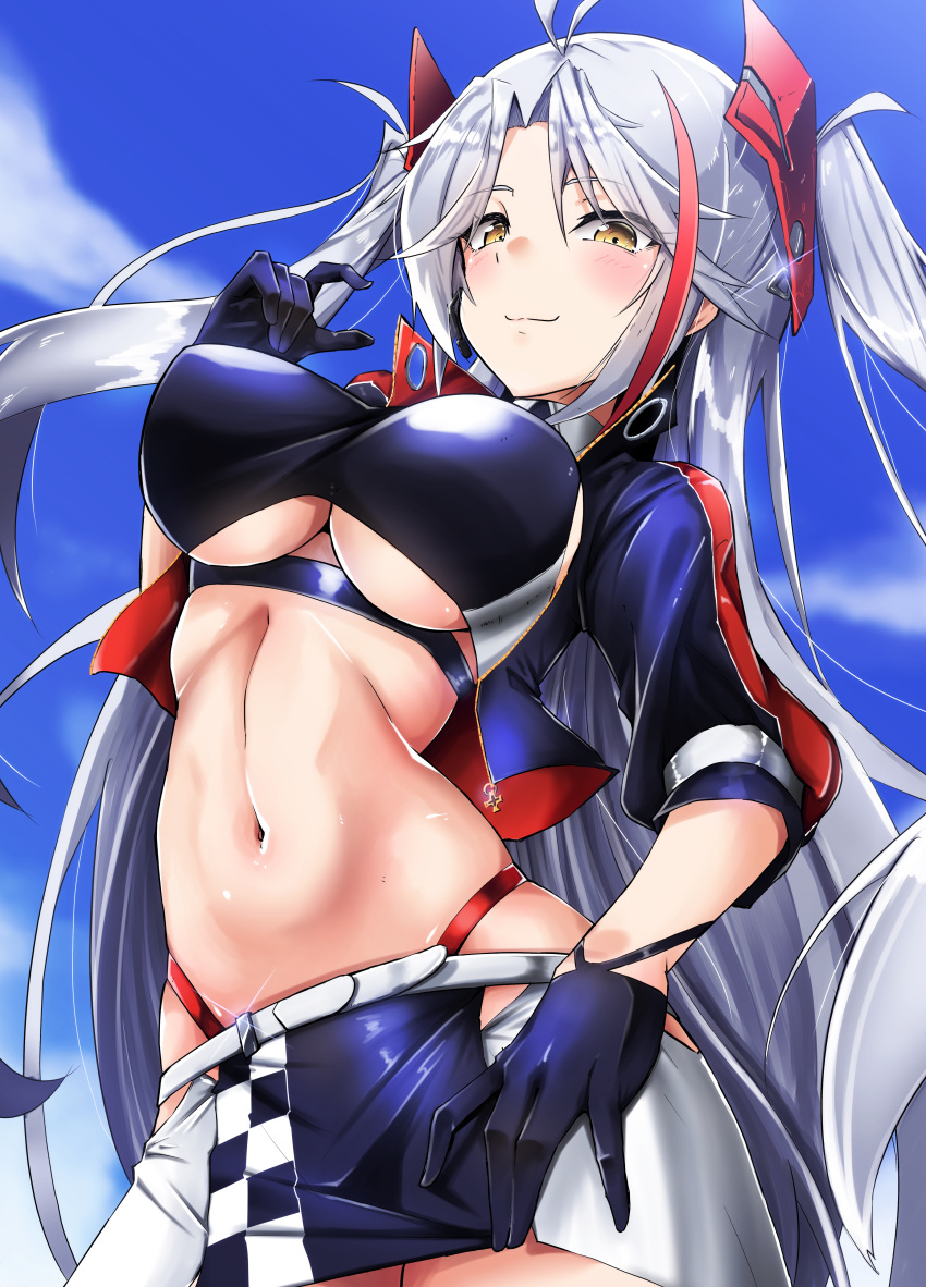 1girl absurdres antenna_hair azur_lane bangs belt black_gloves blue_sky blush breasts checkered checkered_flag closed_mouth clothing_cutout clouds commentary_request covered_nipples cowboy_shot crop_top cropped_jacket cropped_shirt day earpiece eyebrows_visible_through_hair flag glint gloves hair_between_eyes half_gloves hand_on_hip hand_up headgear highres iron_cross jacket large_breasts long_hair looking_at_viewer multicolored_hair navel official_alternate_costume open_clothes open_jacket orange_eyes panties panty_straps parted_bangs partial_commentary prinz_eugen_(azur_lane) prinz_eugen_(final_lap)_(azur_lane) purple_jacket purple_shirt purple_skirt racequeen red_panties redhead shirt short_sleeves sidelocks silver_hair skirt sky smile solo standing stomach streaked_hair swept_bangs tenteru two-tone_skirt two_side_up under_boob underboob_cutout underwear very_long_hair white_belt white_skirt