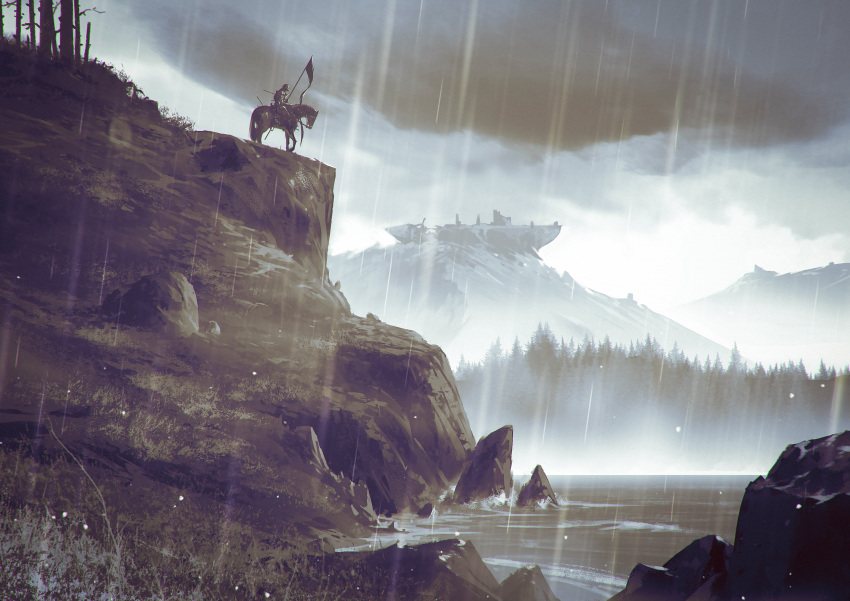 1other absurdres ambiguous_gender animal arrow_(projectile) banner cliff flag fog forest from_side grass highres holding holding_flag horse kalmahul knight nature original outdoors rain rock sitting solo tree water