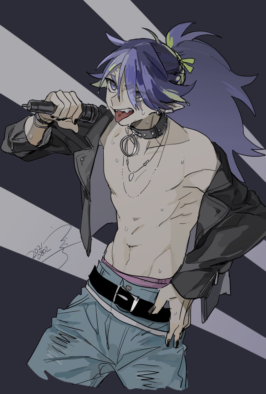 1boy belt black_belt black_choker black_jacket blue_pants choker cowboy_shot dated drruraguchi fengxi_(the_legend_of_luoxiaohei) highres holding holding_microphone jacket jewelry microphone navel necklace no_shirt pants pointy_ears ponytail purple_hair solo sweat the_legend_of_luo_xiaohei tongue tongue_out