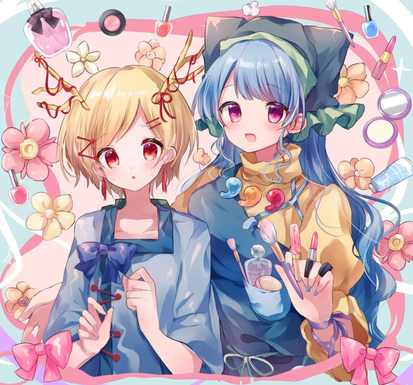 2girls antlers apron arm_ribbon bangs between_fingers blonde_hair blue_hair blue_nails blue_shirt blush bottle bow breasts closed_mouth collarbone dragon_girl dragon_horns earrings eyebrows_visible_through_hair eyelashes fingernails flat_chest flower green_apron green_headwear hair_ornament hairclip haniyasushin_keiki head_scarf highres holding horn_ornament horn_ribbon horns jewelry kicchou_yachie large_breasts lips lipstick long_hair long_sleeves looking_at_viewer magatama magatama_necklace makeup makeup_brush mirror moshihimechan multiple_girls nail_polish open_mouth perfume_bottle pink_bow pink_flower pocket red_eyes red_ribbon ribbon shiny shiny_hair shirt short_hair sidelocks single_strap standing sweatdrop tassel tassel_earrings touhou upper_body wide_sleeves