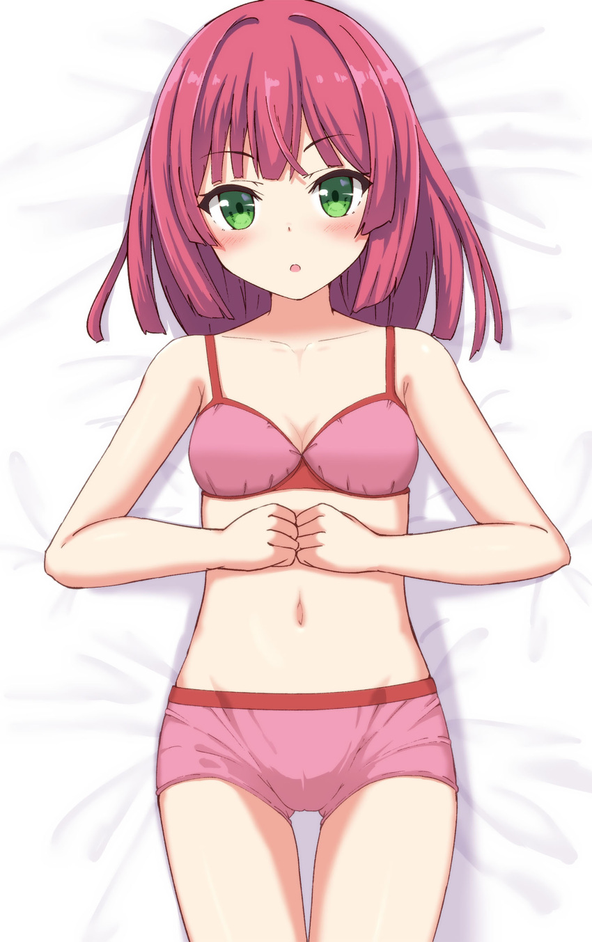1girl :o ass_visible_through_thighs bare_arms bare_shoulders bed_sheet blush bra commentary_request green_eyes highres hippo_(hirople) looking_at_viewer lying navel on_back original own_hands_together panties parted_lips pink_bra pink_panties redhead solo underwear underwear_only