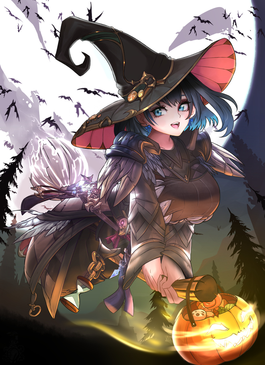 bat belt blue_eyes breasts broom broom_riding candy chain feathers flying food halloween hat highres hololive hololive_english hourglass jack-o'-lantern large_breasts magic moon night night_sky open_mouth ouro_kronii outdoors potion robe skull sky smile tree unstableboiler witch witch_hat
