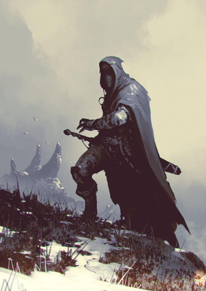 1other absurdres ambiguous_gender animal bird boots facing_viewer fighting_stance fog grass highres hood hood_up hooded_robe kalmahul knee_boots long_sleeves original outdoors shiny shiny_clothes snow solo standing sword weapon