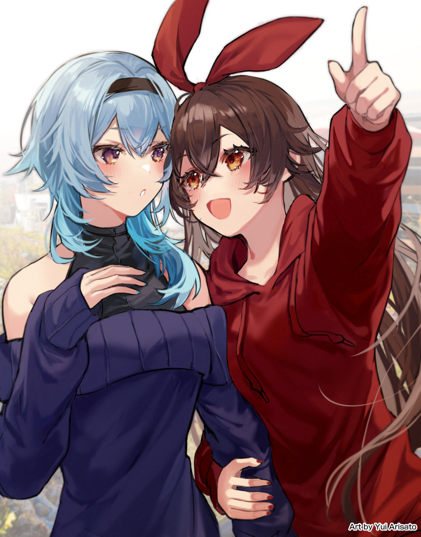 2girls absurdres amber_(genshin_impact) arisato_yui arm_grab artist_name bangs bare_shoulders blue_hair blue_nails blue_sweater brown_hair commentary crossed_bangs eula_(genshin_impact) eye_contact genshin_impact hair_ribbon hand_up headband highres hood hood_down hoodie light_blush long_hair looking_at_another multicolored_eyes multiple_girls nail_polish off-shoulder_sweater off_shoulder open_mouth orange_eyes outstretched_arm pointing pointing_up red_hoodie red_nails red_ribbon ribbon standing sweater upper_body violet_eyes
