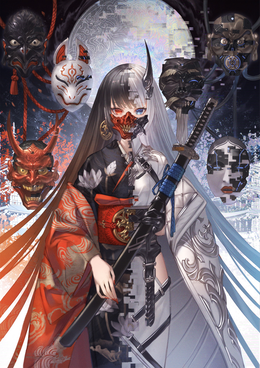 1girl absurdly_long_hair asymmetrical_clothes black_hair blue_eyes covered_mouth distortion earrings fingernails floating floating_object fox_mask heterochromia highres hip_vent holding holding_sword holding_weapon horns japanese_clothes jewelry katana kimono long_hair looking_at_viewer makai_no_juumin mask moon mouth_mask multicolored_hair nail_polish noh_mask oni_mask original red_eyes red_nails scabbard sheath sheathed single_earring single_horn sword two-tone_hair very_long_hair weapon white_hair wide_sleeves