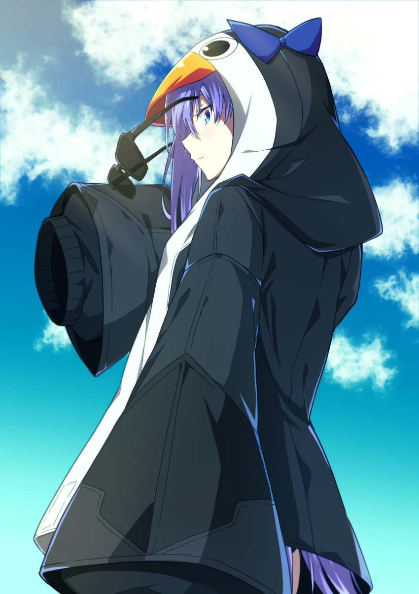 1girl absurdres animal_hood azami_masurao black_jacket blue_bow blue_eyes blue_sky bow closed_mouth clouds commentary_request day eyebrows_visible_through_hair fate/grand_order fate_(series) from_side highres holding holding_eyewear hood hood_up hooded_jacket jacket long_hair long_sleeves looking_at_viewer meltryllis_(fate) meltryllis_(swimsuit_lancer)_(fate) penguin_hood purple_hair removing_eyewear sky sleeves_past_fingers sleeves_past_wrists solo sunglasses very_long_hair