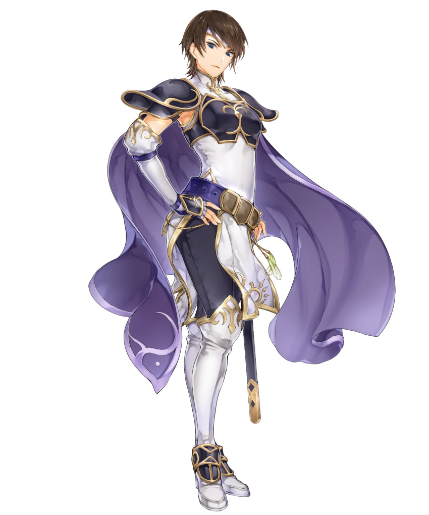 1girl armor bangs belt black_pants blue_eyes boots breastplate brown_hair cape dress elbow_gloves fingerless_gloves fire_emblem fire_emblem:_path_of_radiance fire_emblem:_radiant_dawn fire_emblem_heroes full_body gloves gold_trim headpiece highres itou_misei knee_boots official_art pants pelvic_curtain shiny shiny_hair shoulder_armor sleeveless solo sword tanith_(fire_emblem) turtleneck weapon white_dress white_footwear
