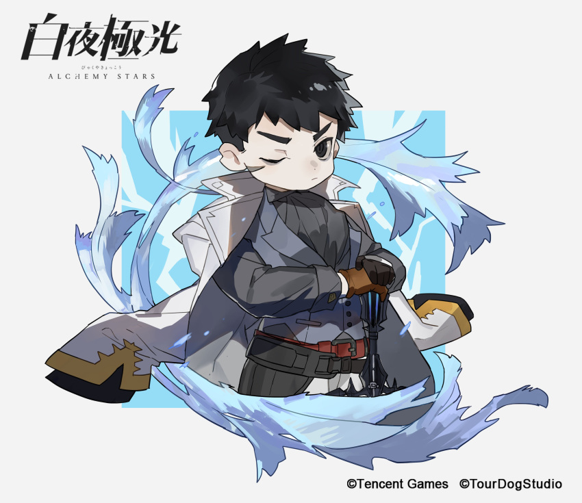 1boy absurdres alchemy_stars artist_request black_eyes black_gloves black_hair chibi coat coat_on_shoulders cropped_legs gloves highres hydrokinesis long_sleeves looking_at_viewer male_focus official_art one_eye_closed pale_skin pittman_(alchemy_stars) planted planted_sword scar scar_on_cheek scar_on_face short_hair solo sword water weapon white_coat