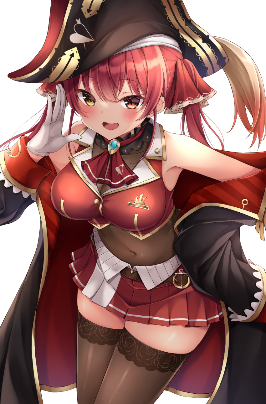 1girl black_headwear brown_legwear covered_navel gloves hat heterochromia highres hololive houshou_marine nakaji_(user_snap3353) pirate_hat red_eyes redhead simple_background solo thigh-highs twintails virtual_youtuber white_background white_gloves yellow_eyes