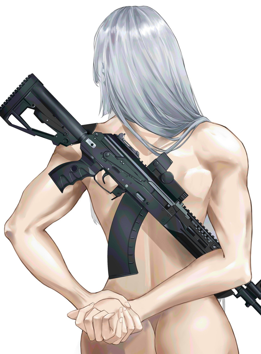 ak-15 ak-15_(girls'_frontline) arms_behind_back ass assault_rifle butt_crack cowboy_shot eesikr from_behind girls_frontline gun highres kalashnikov_rifle muscular muscular_female own_hands_clasped own_hands_together rifle silver_hair weapon white_background