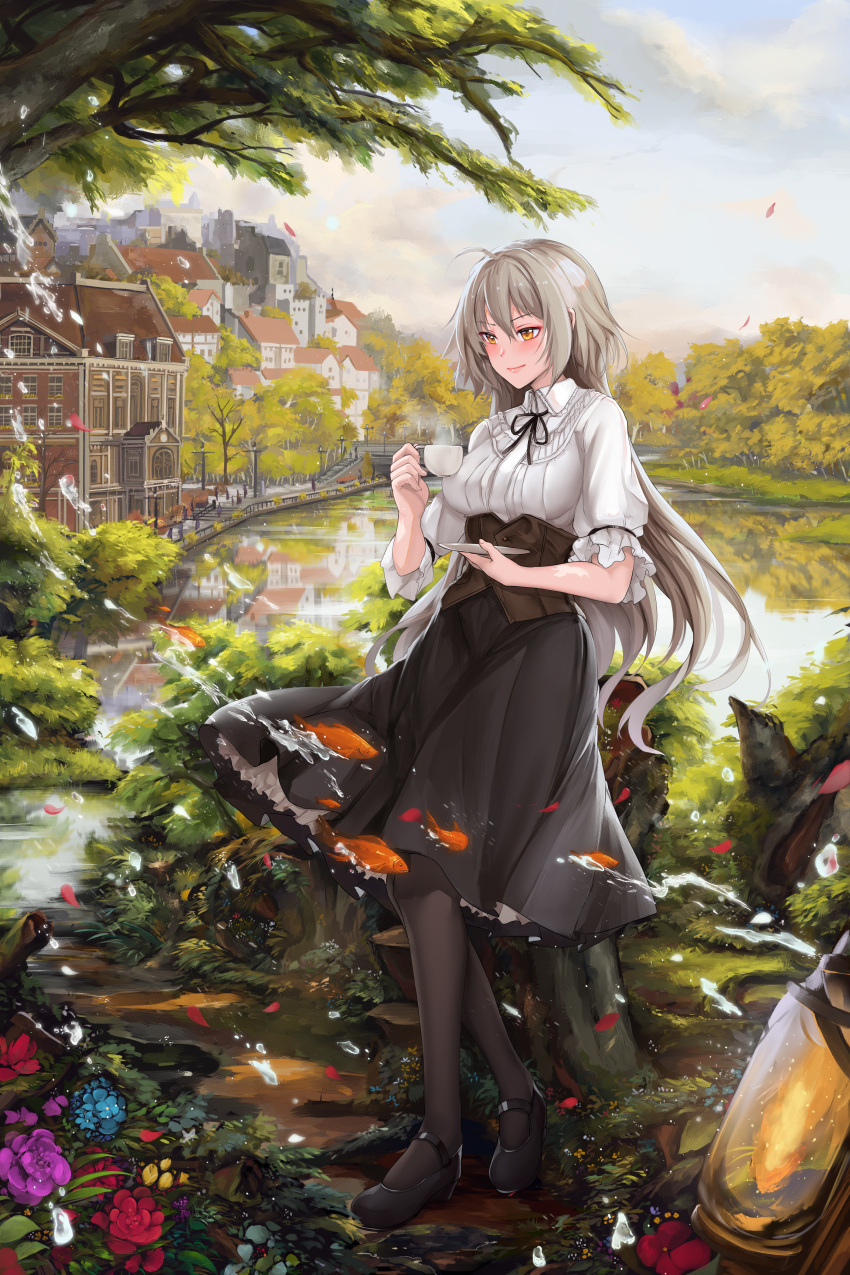 1girl absurdres ahoge artist_name black_legwear black_skirt blouse blush breasts city corset cup fate/grand_order fate_(series) flower hanada_yanochi highres holding holding_cup holding_saucer jeanne_d'arc_(alter)_(fate) jeanne_d'arc_(fate) lantern large_breasts light_smile long_hair long_skirt mary_janes pantyhose petals petticoat pixiv_fate/grand_order_contest_2 saucer shoes silver_hair skirt solo teacup tree twitter_username white_blouse yellow_eyes