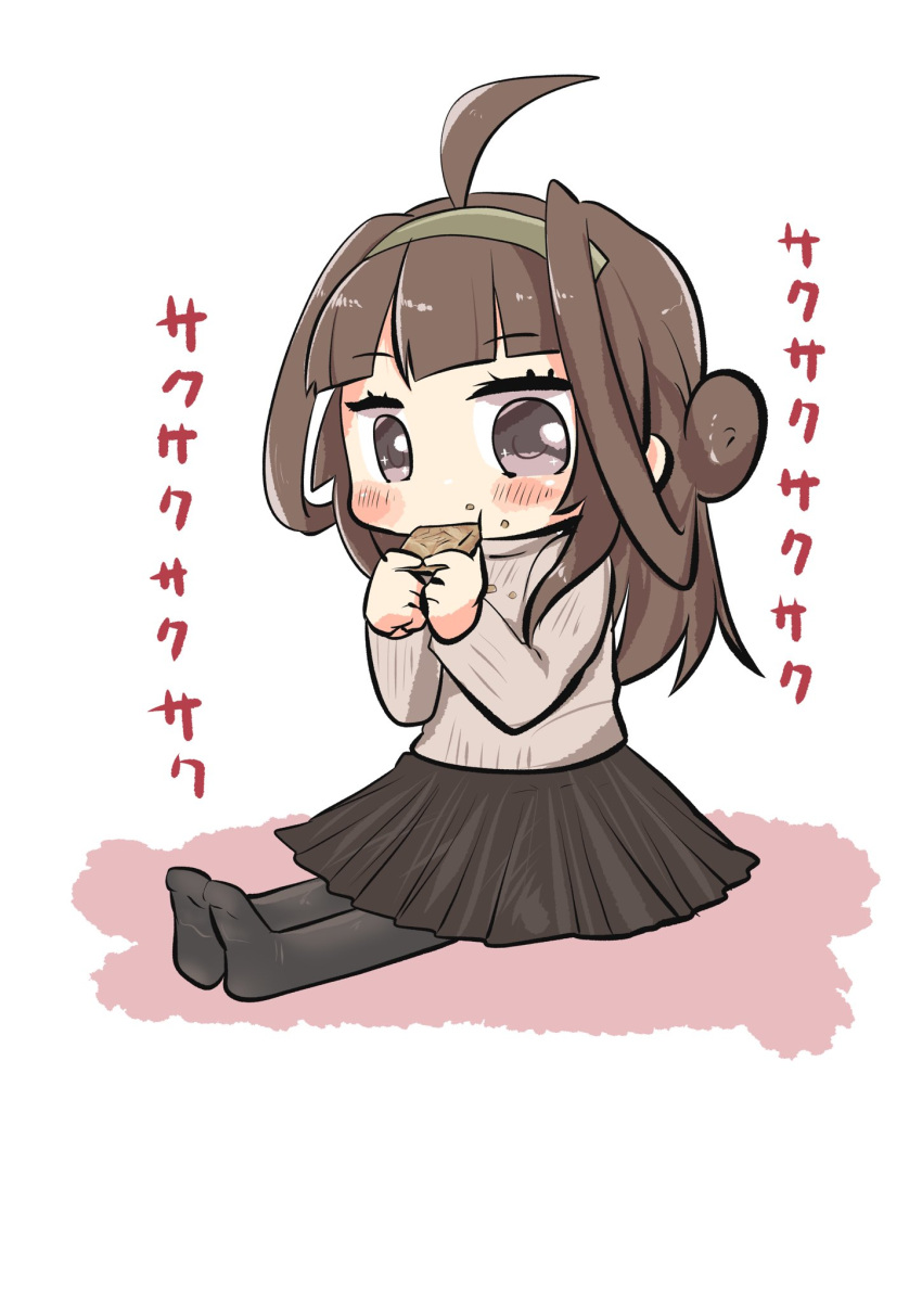 1girl ahoge alternate_costume beige_sweater black_legwear brown_eyes brown_hair brown_skirt commentary_request double_bun eating hairband highres kantai_collection kongou_(kancolle) long_hair lr_hijikata pantyhose pleated_skirt ribbed_sweater simple_background skirt solo sweater white_background