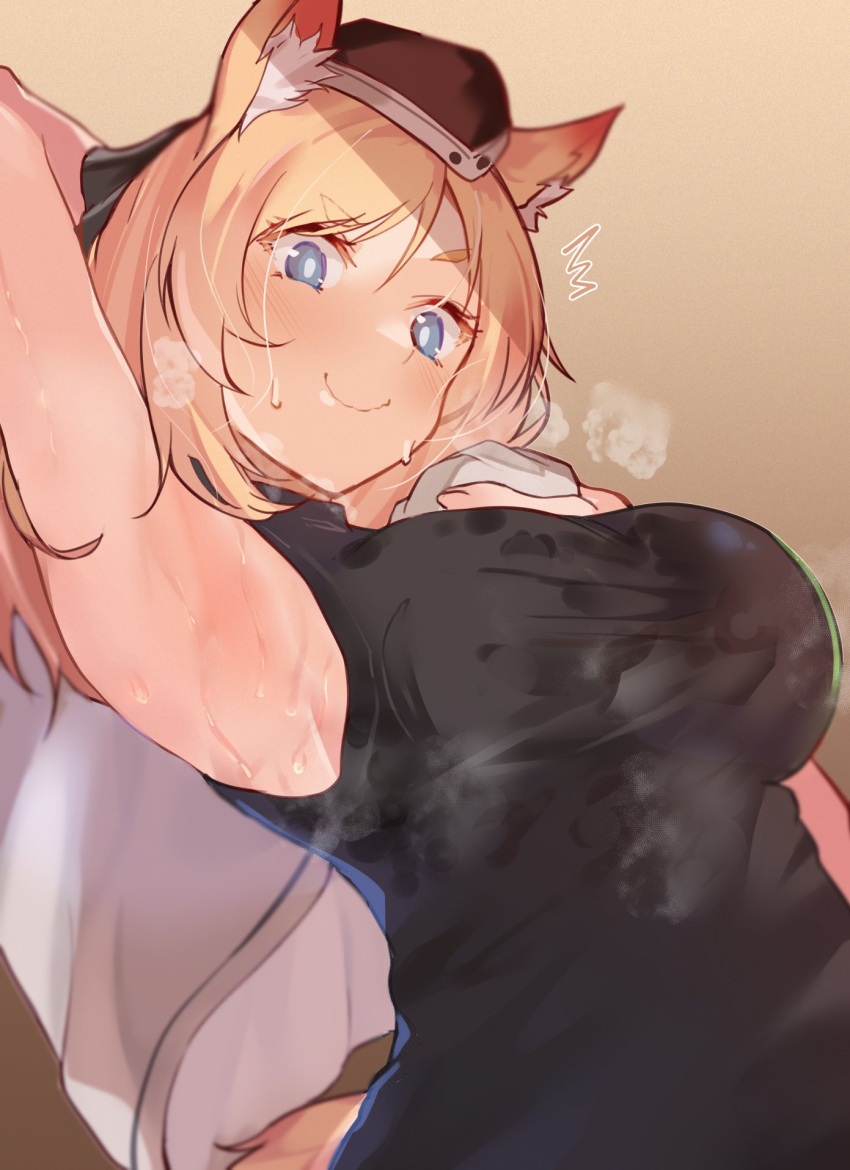 1girl animal_ears arito_arayuru arknights arm_up armpits black_headwear black_shirt blonde_hair blue_eyes breasts closed_mouth garrison_cap hat highres horse_ears horse_girl horse_tail large_breasts long_hair looking_at_viewer shirt sleeveless sleeveless_shirt smile solo steam sweat tail upper_body whislash_(arknights)