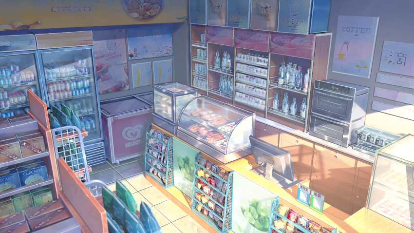alcohol can cash_register cigarette cigarette_pack coffee_maker_(object) commentary_request convenience_store food freezer highres liquor meat no_humans original package refrigerator scenery shelf shop soda_can sunlight user_swzc2434