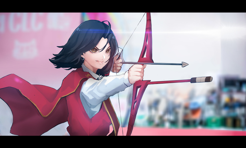 1girl absurdres aiming animification black_hair blurry blurry_background bow_(weapon) cape collared_shirt commentary cowlick eyeshadow floating_cape floating_hair highres holding holding_bow_(weapon) holding_weapon homuntan k-pop licking_lips makeup medium_hair mole mole_under_mouth real_life red_cape red_eyeshadow red_vest shirt smile solo tongue tongue_out twice_(group) tzuyu_(twice) vest weapon white_shirt