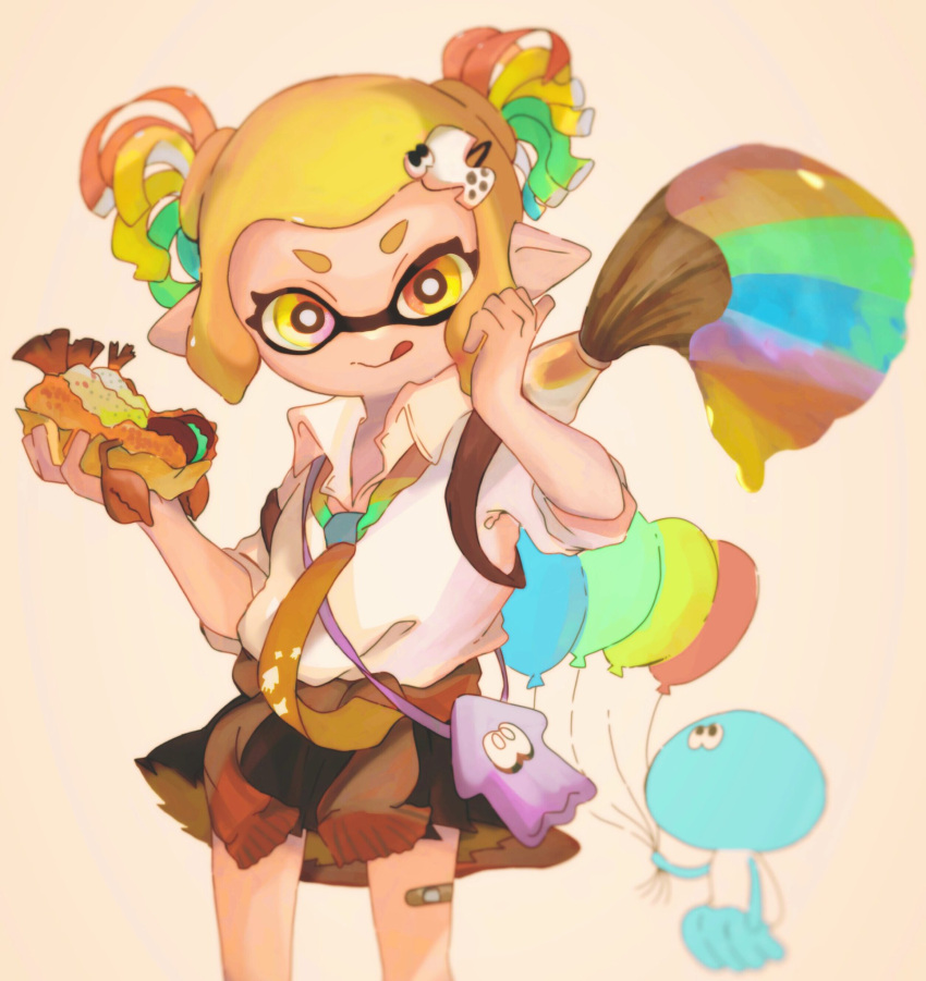 1girl :q bag balloon bandage_on_knee bandages black_skirt blonde_hair clothes_around_waist collared_shirt food giant_brush hair_ornament hairclip hand_on_own_head hand_up highres holding holding_balloon holding_food holding_paintbrush holding_weapon inkling jacket jacket_around_waist jellyfish_(splatoon) kurea0399 looking_at_viewer necktie paintbrush pointy_ears purple_bag rainbow_order shirt short_hair simple_background skirt sleeves_rolled_up splatoon_(series) squid standing tongue tongue_out twintails upper_body v-shaped_eyebrows weapon white_background white_shirt yellow_eyes yellow_necktie