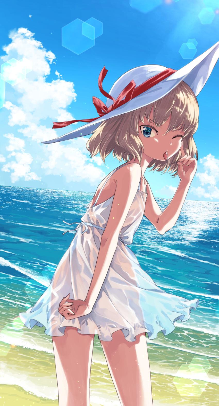 1girl :p aioi_aoi akanbe bangs blonde_hair blue_eyes blue_sky bob_cut casual clouds cloudy_sky commentary day dress from_side frown girls_und_panzer hat hat_ribbon highres horizon katyusha_(girls_und_panzer) lens_flare looking_at_viewer ocean one_eye_closed open_mouth ribbon see-through short_dress short_hair sky solo spaghetti_strap standing sun_hat sundress tongue tongue_out water waves white_dress white_headwear