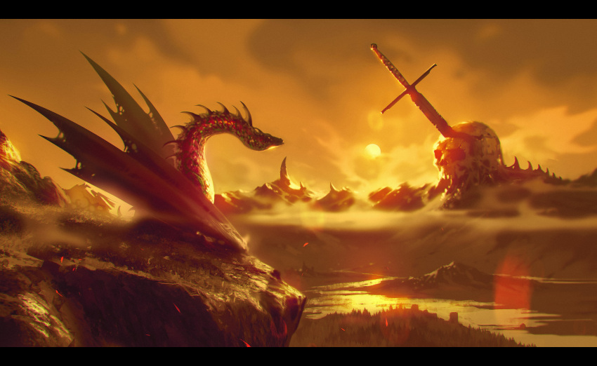 absurdres clouds cloudy_sky dragon forest highres kalmahul letterboxed mountainous_horizon nature no_humans orange_sky original oversized_object planted planted_sword sepia skull sky sun sunset sword valley weapon wyvern