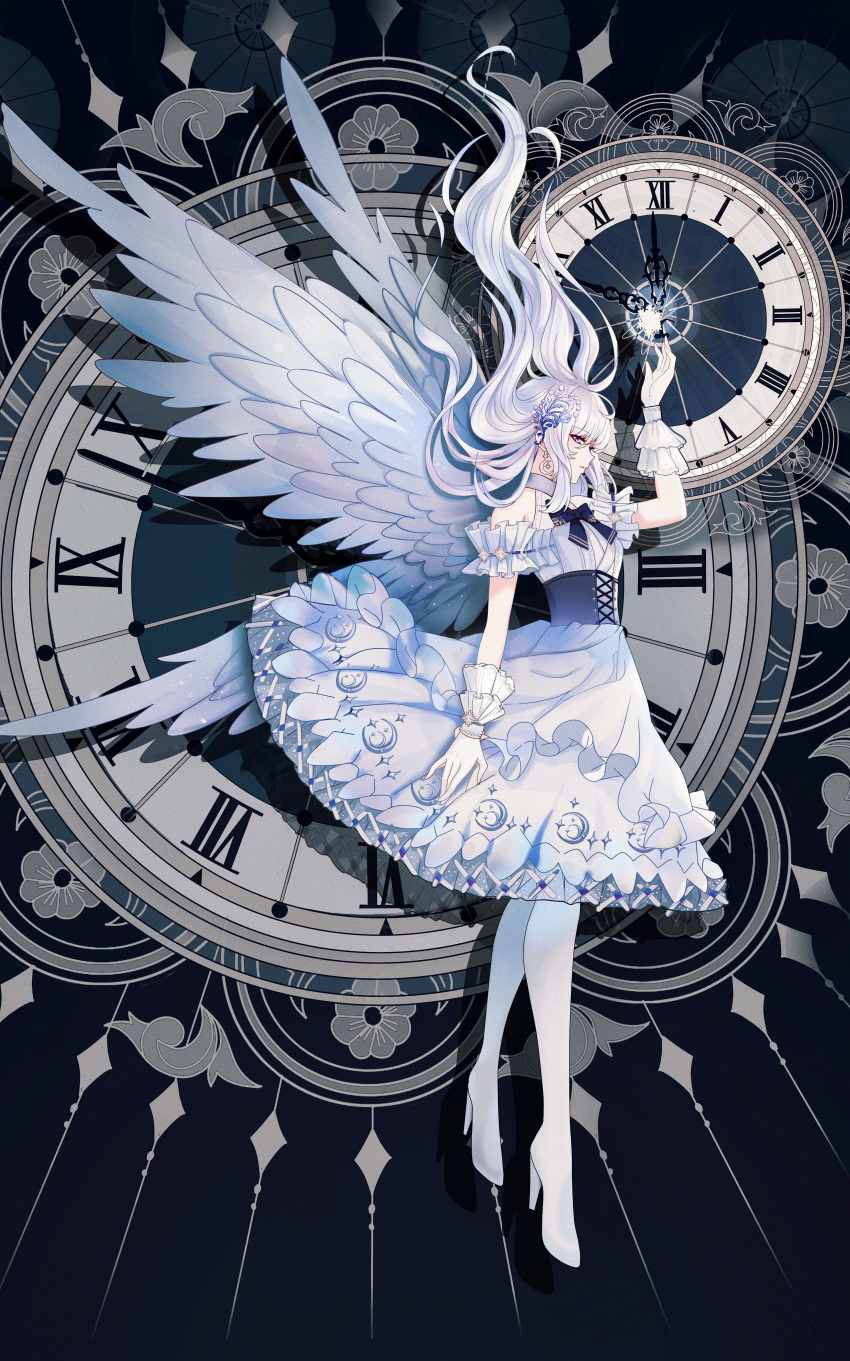 1girl absurdres arm_up bangs clock dress earrings eyebrows_visible_through_hair feathered_wings floating_hair full_body high_heels highres jewelry original profile shadow shan_gui_yu_yao solo white_dress white_footwear white_hair white_wings wings