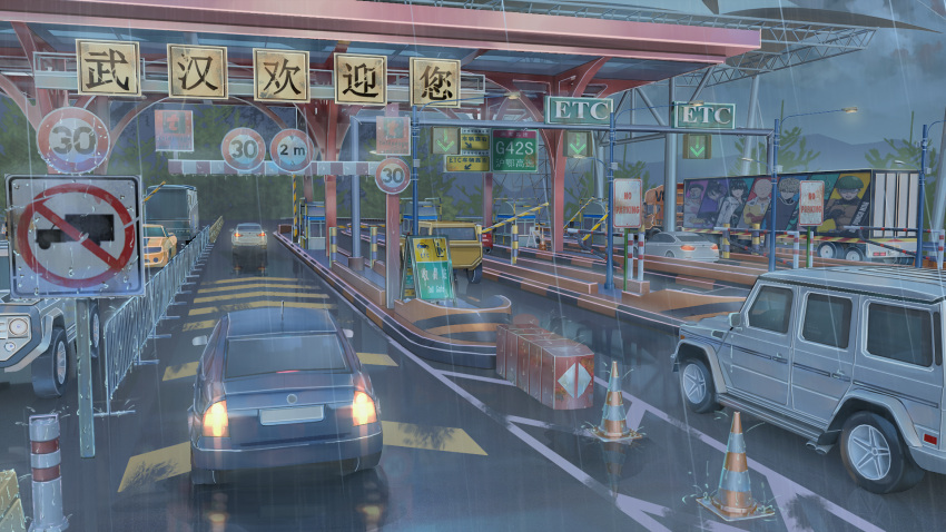 board cameo car clouds commentary_request ground_vehicle highres motor_vehicle mountain no_humans one-punch_man original plant railing rain reflection reflective_water road road_sign scenery sign sky tollway tree truck user_swzc2434 water_drop