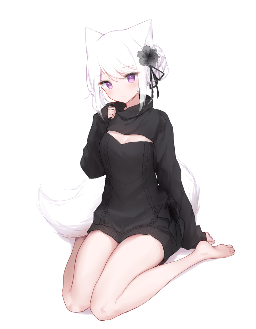 1girl animal_ears bangs bare_legs barefoot black_ribbon black_sweater blush breasts closed_mouth clothing_cutout eyebrows_visible_through_hair flower fox_ears fox_girl fox_tail full_body guo582 hair_bun hair_flower hair_ornament hair_ribbon highres long_sleeves looking_at_viewer original ribbon short_hair sidelocks simple_background sitting sleeves_past_wrists solo sweater tail violet_eyes wariza white_background white_hair