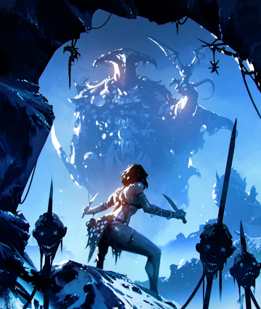 1girl 1other absurdres armor ass blue_background bra brown_hair cave dagger day dismemberment dragon dual_wielding english_commentary facing_away facing_viewer from_behind giant gradient gradient_background head helm helmet highres holding holding_dagger holding_weapon impaled kalmahul knife legs_apart loincloth long_sleeves looking_at_viewer medium_hair open_mouth original outdoors polearm shiny shiny_skin spear standing teeth underwear weapon