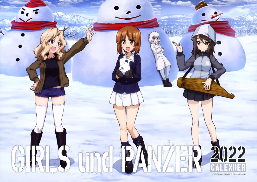 4girls :d absurdres arm_up bangs black_footwear black_shirt black_skirt blonde_hair blue_eyes blue_jacket blue_sky boots brown_eyes brown_hair brown_jacket calendar_(medium) closed_mouth collared_jacket crossed_arms day denim denim_shorts field girls_und_panzer gloves green_shirt grey_eyes grey_jacket grey_pants hair_between_eyes highres holding hood hood_up hooded_jacket instrument jacket kantele kay_(girls_und_panzer) keizoku_military_uniform long_hair long_sleeves mika_(girls_und_panzer) mountainous_horizon multicolored_clothes multicolored_jacket multiple_girls nishizumi_miho official_art ooarai_military_uniform open_mouth outdoors pants pleated_skirt scan shirt short_hair short_shorts shorts skirt sky smile snow snowman thigh-highs two-tone_jacket uniform wavy_hair white_gloves white_jacket white_legwear white_skirt