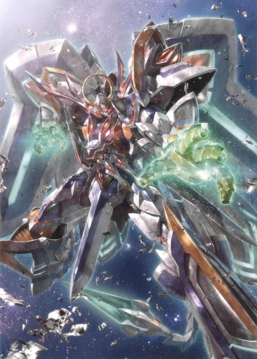 aura glowing_hands granteed_dracodeus highres incoming_attack looking_at_viewer mecha morishita_naochika no_humans non-web_source official_art open_hands robot science_fiction space star_(sky) super_robot_wars super_robot_wars_judgement super_robot_wars_og_moon_dwellers super_robot_wars_original_generation tail