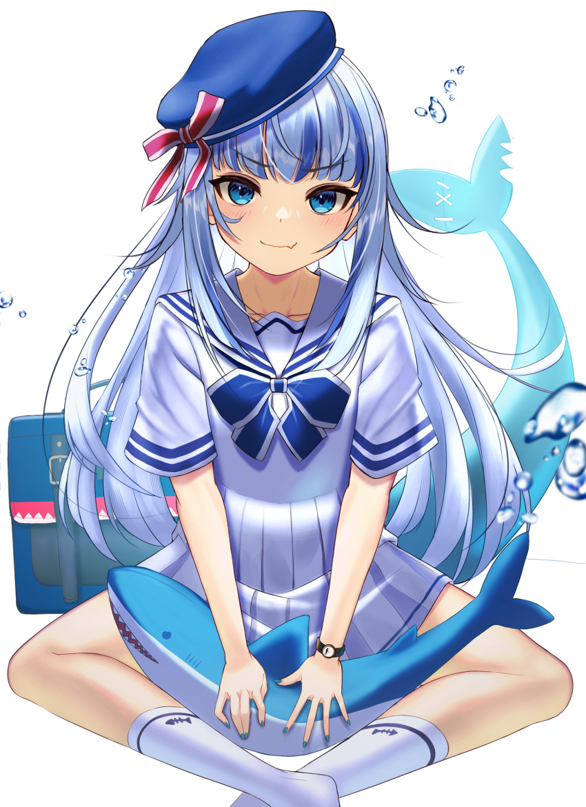 1girl absurdres bag bangs blue_bow blue_bowtie blue_eyes blue_hair blue_headwear blue_nails blush bow bowtie closed_mouth commentary_request eyebrows_visible_through_hair fang fang_out feet_out_of_frame fish_tail gawr_gura hat highres hololive hololive_english inari_(ambercrown) long_hair looking_at_viewer multicolored_hair nail_polish pleated_skirt sailor_collar shark_tail shirt short_sleeves silver_hair simple_background sitting skin_fang skirt smile socks solo streaked_hair stuffed_animal stuffed_shark stuffed_toy tail tail_raised v-shaped_eyebrows virtual_youtuber watch watch white_legwear white_sailor_collar white_shirt white_skirt