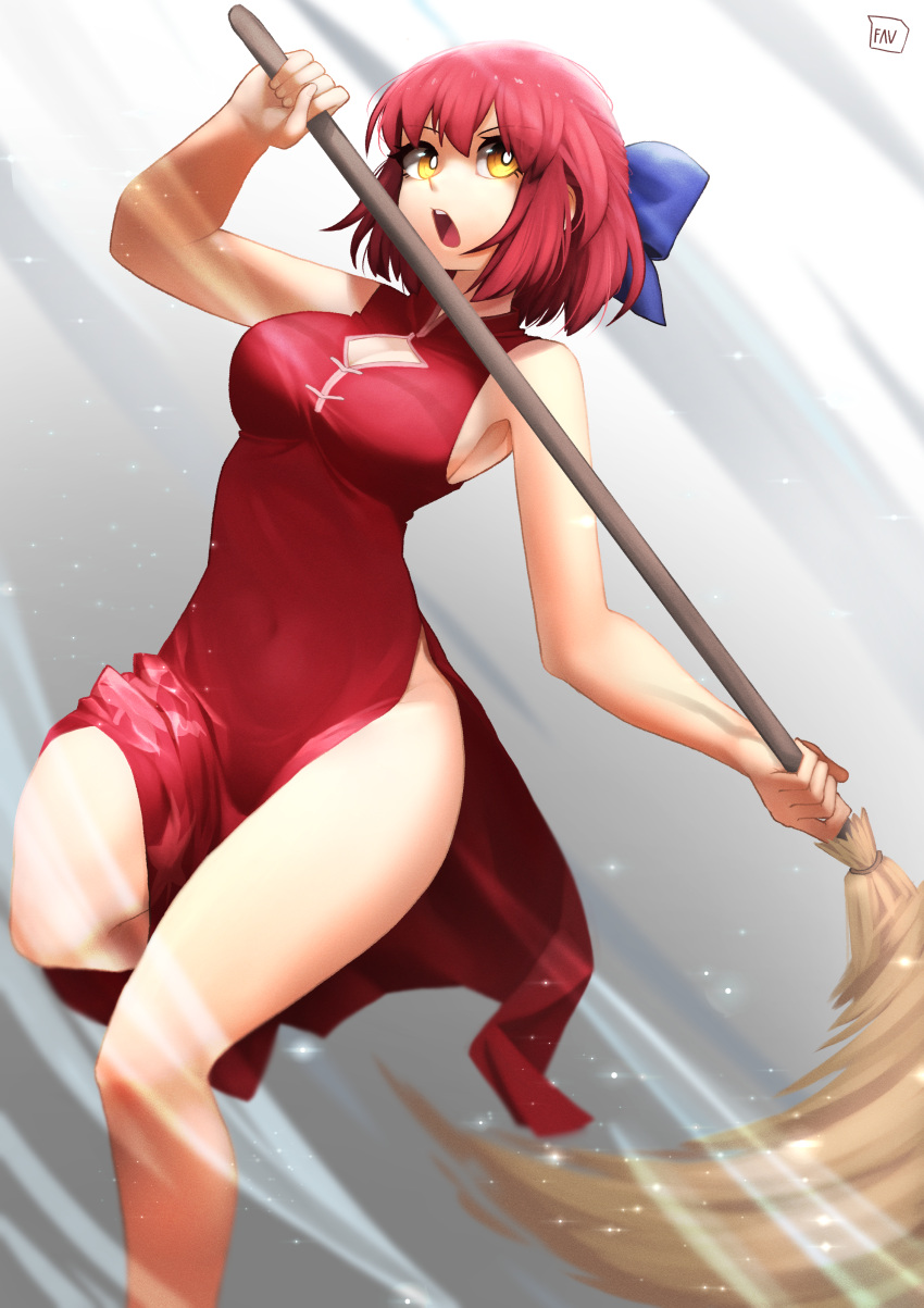 1girl absurdres alternate_costume artist_name bangs bare_shoulders blue_bow bow breasts broom china_dress chinese_clothes cleavage_cutout clothing_cutout commentary covered_navel dress eyebrows_visible_through_hair fav_faris fingernails hair_between_eyes hair_bow half_updo highres holding holding_broom kohaku_(tsukihime) large_breasts looking_away looking_to_the_side melty_blood melty_blood:_type_lumina mr._chin official_alternate_costume open_mouth pelvic_curtain red_dress redhead short_hair sideboob sleeveless sleeveless_dress solo teeth thighs tongue tsukihime tsukihime_(remake) upper_teeth yellow_eyes