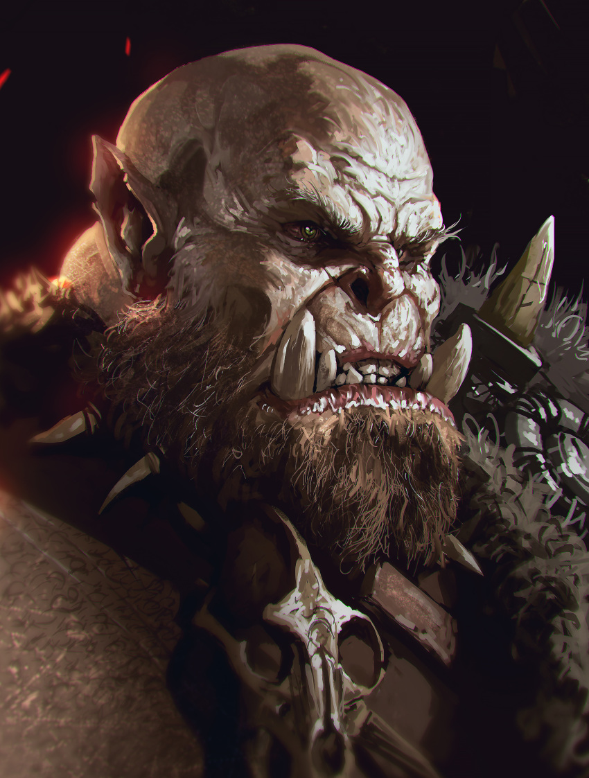 1boy absurdres bald beard black_background brown_eyes facial_hair fangs from_side fur_trim highres kalmahul legendarium male_focus orc pointy_ears realistic solo teeth the_lord_of_the_rings wrinkled_skin