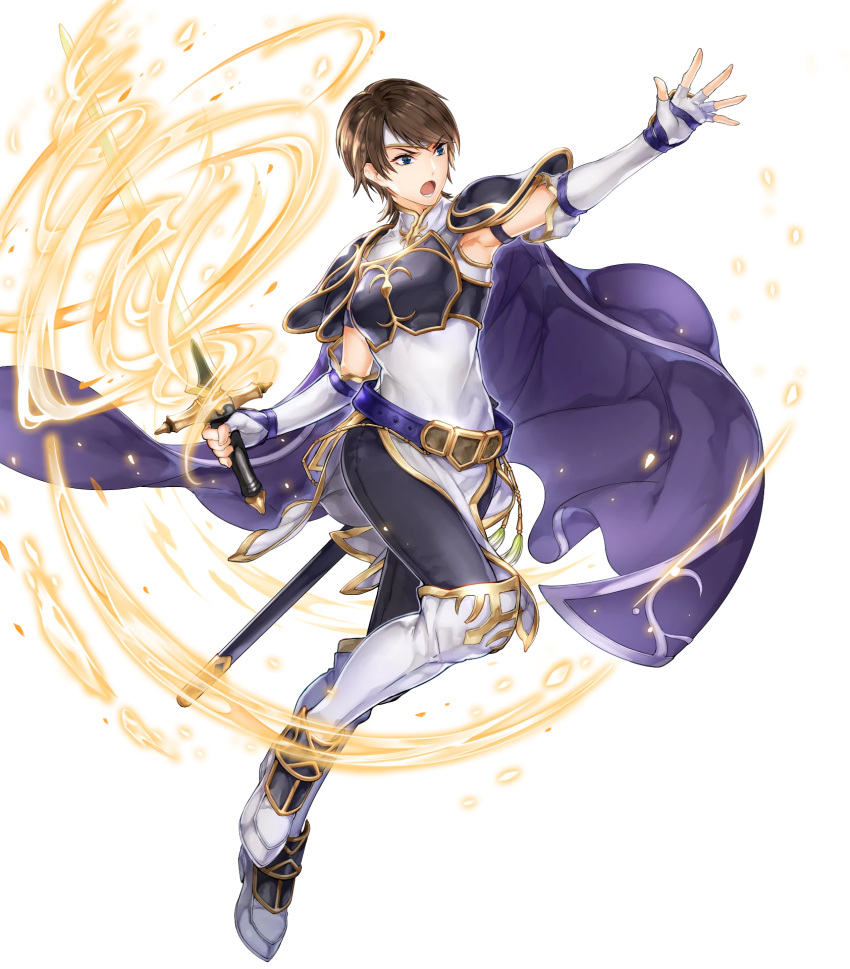 1girl armor bangs belt black_pants blue_eyes boots breastplate brown_hair cape dress elbow_gloves fingerless_gloves fire_emblem fire_emblem:_path_of_radiance fire_emblem:_radiant_dawn fire_emblem_heroes full_body gloves gold_trim headpiece highres itou_misei knee_boots official_art pants pelvic_curtain shiny shiny_hair shoulder_armor sleeveless solo sword tanith_(fire_emblem) turtleneck weapon white_dress white_footwear