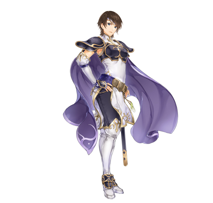 1girl absurdres armor bangs belt black_pants blue_eyes boots breastplate brown_hair cape closed_mouth commentary_request dress elbow_gloves fingerless_gloves fire_emblem fire_emblem:_path_of_radiance fire_emblem:_radiant_dawn fire_emblem_heroes full_body gloves gold_trim hand_on_hip headpiece highres itou_misei knee_boots lips looking_at_viewer official_art pants pelvic_curtain serious shiny shiny_hair shoulder_armor simple_background sleeveless solo sword tanith_(fire_emblem) turtleneck weapon white_background white_dress white_footwear