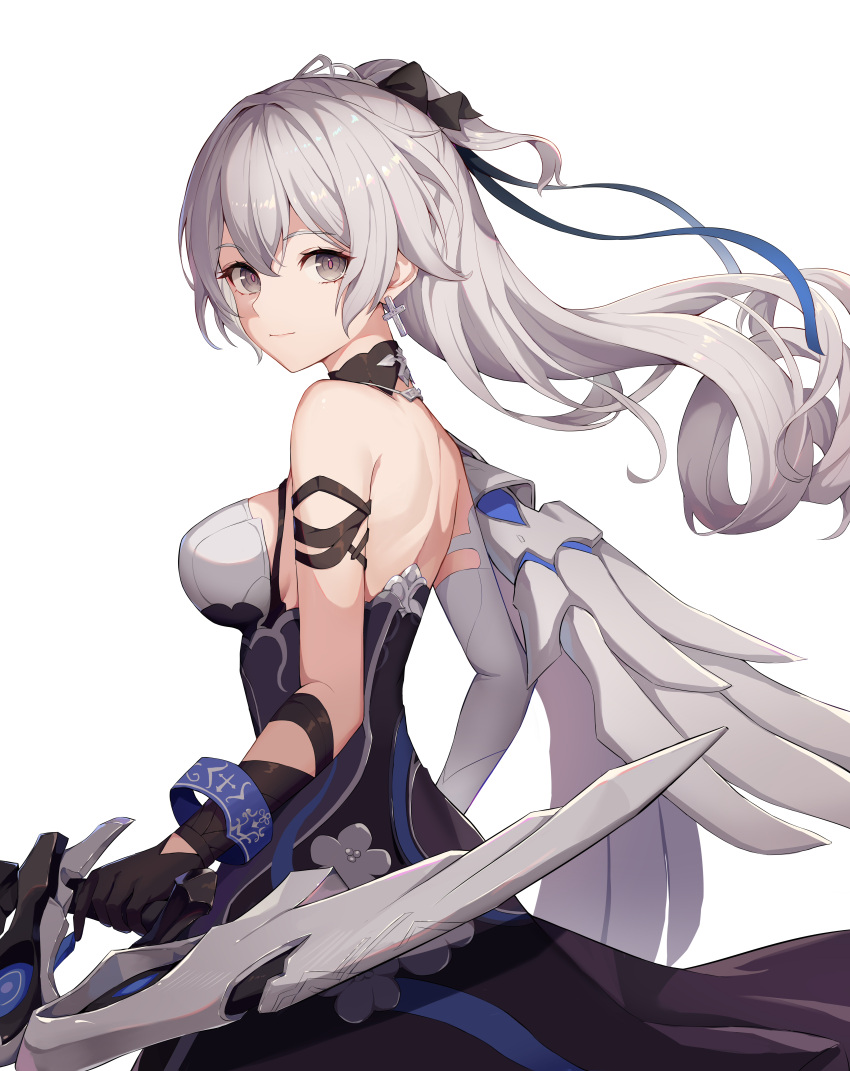 1girl absurdres asymmetrical_gloves back backless_dress backless_outfit bare_shoulders black_dress black_gloves bow breasts bronya_zaychik dress earrings floating_hair from_side gloves grey_eyes grey_hair hair_bow highres hokori_sakuni holding holding_weapon honkai_(series) honkai_impact_3rd jewelry large_breasts long_hair looking_at_viewer looking_to_the_side one_side_up single_wing sleeveless sleeveless_dress smile solo strapless strapless_dress upper_body wavy_hair weapon wings