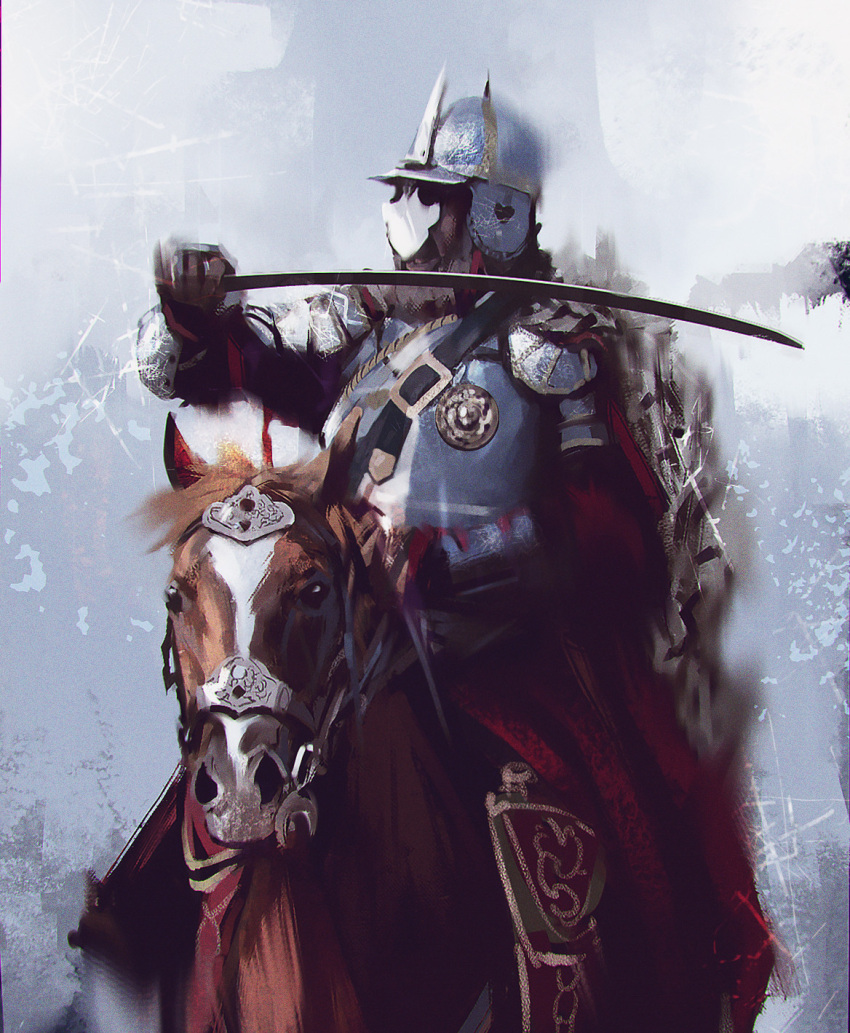 1boy animal armor beard blurry breastplate brown_gloves facial_hair gloves grey_background hand_up helmet highres holding holding_sword holding_weapon horse kalmahul knight male_focus open_mouth original red_robe royal_robe sword weapon