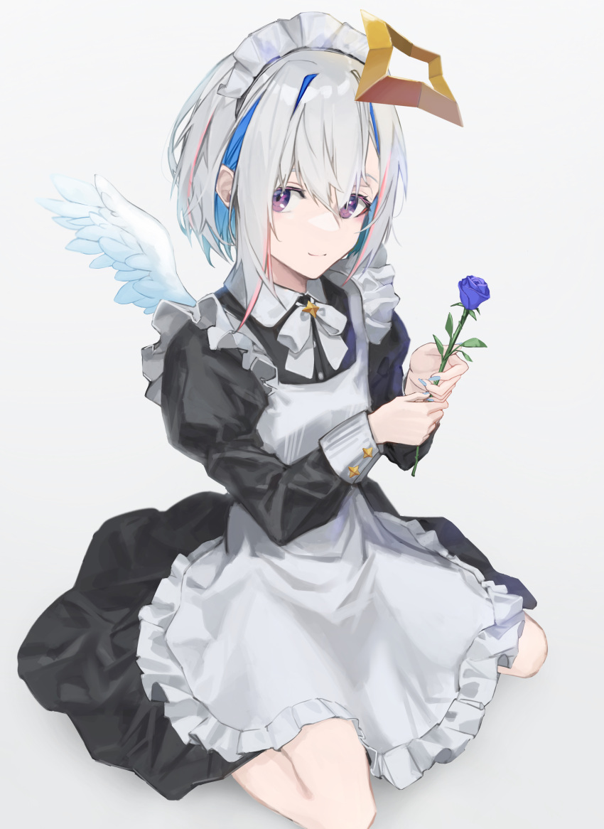 1girl absurdres alternate_costume amane_kanata angel_wings apron bangs black_dress blue_hair blue_nails bow bowtie closed_mouth collared_dress commentary_request dress enmaided flower frilled_apron frills full_body hair_between_eyes halo highres holding holding_flower hololive juliet_sleeves long_sleeves looking_at_viewer maid maid_headdress nail_polish pink_hair puffy_sleeves purple_flower rasa_k short_hair silver_hair simple_background sitting smile solo star_halo violet_eyes virtual_youtuber wariza white_apron white_bow white_bowtie wings