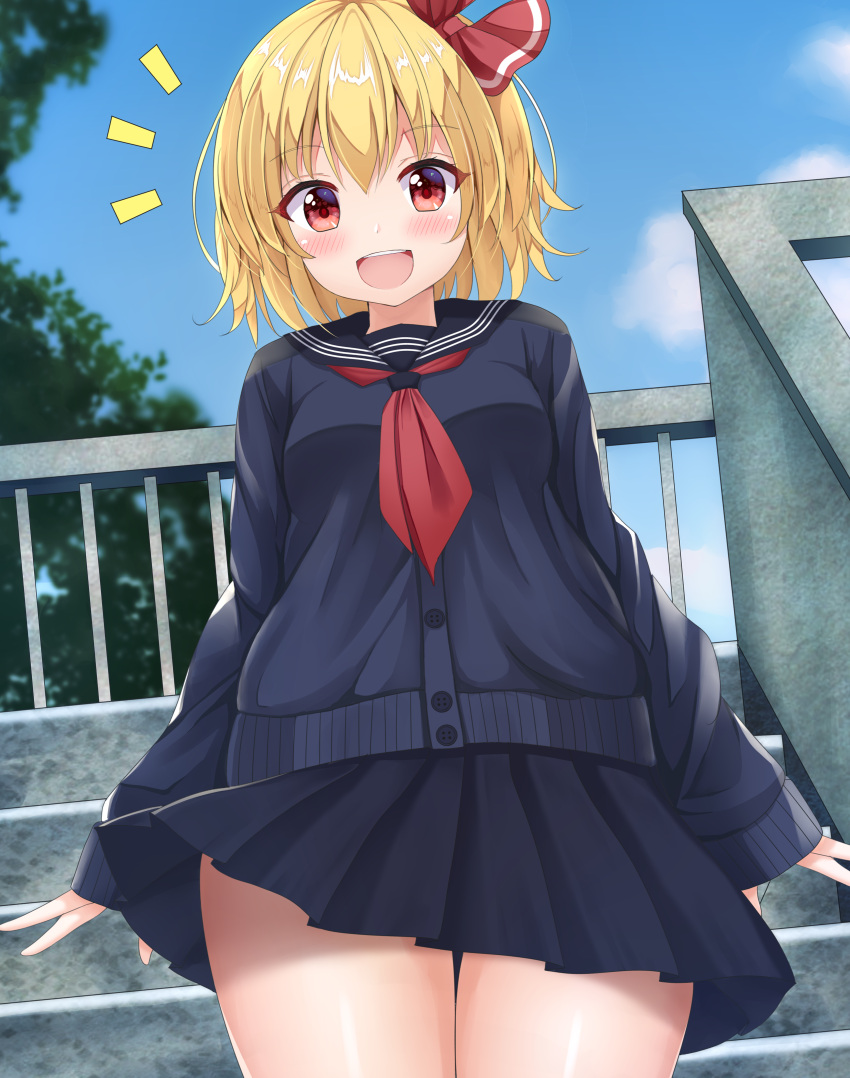 1girl :d absurdres alternate_costume bangs blonde_hair blue_serafuku blue_skirt blue_sky blue_sweater blush bow breasts buttons commentary_request eyebrows_visible_through_hair eyelashes hair_bow highres long_sleeves medium_breasts miniskirt open_mouth orange_eyes pleated_skirt red_bow red_neckwear rumia school_uniform serafuku shiny shiny_hair shiny_skin short_hair skirt sky sleeves_past_wrists smile solo stairs standing suigetsu_(watermoon-910) sweater teeth thighs tongue touhou tree upper_teeth