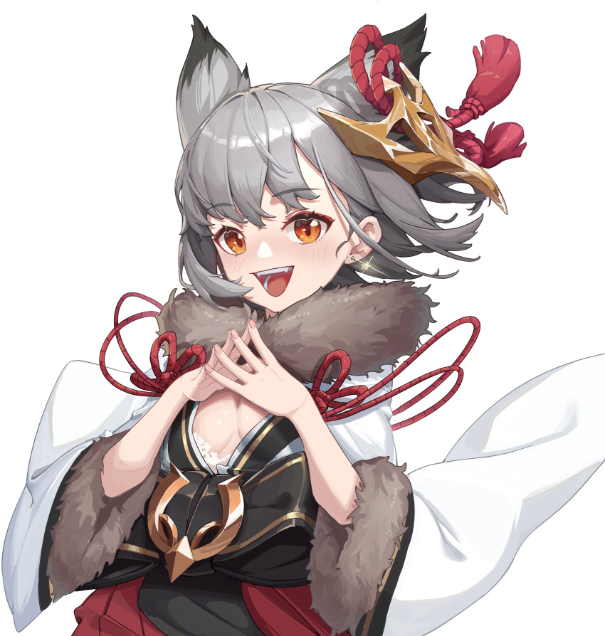 1girl :d absurdres animal_ears azema azur_lane bangs brown_eyes commentary_request eyebrows_visible_through_hair fangs fur-trimmed_sleeves fur_trim grey_hair highres japanese_clothes kimono long_sleeves looking_at_viewer mask mask_on_head nail_polish pink_nails pleated_skirt red_skirt simple_background skirt smile solo steepled_fingers suzutsuki_(azur_lane) teeth upper_teeth white_background white_kimono wide_sleeves