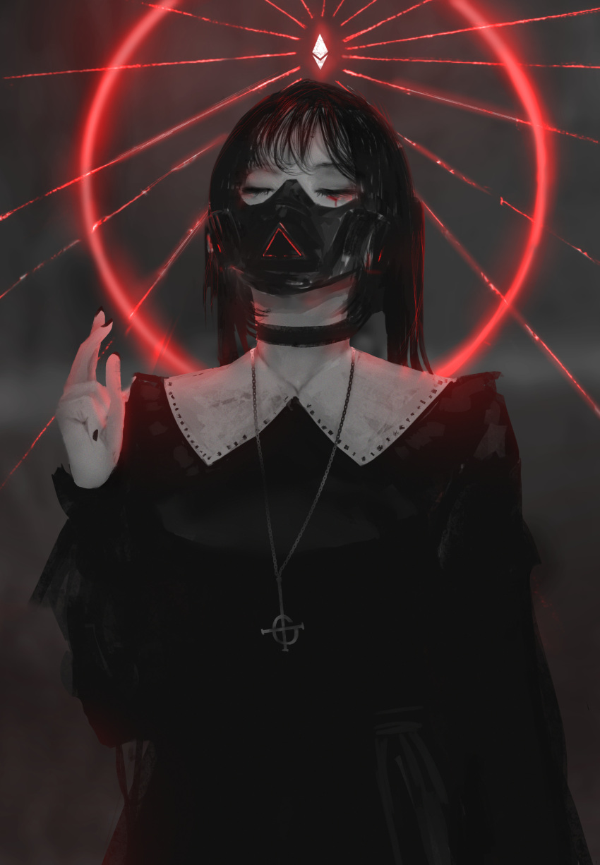 1girl absurdres aoi_ogata artist_name bangs black_choker black_dress black_hair black_mask black_nails blood blood_from_eyes choker closed_eyes cross dark_background dress facing_viewer glowing grey_background hand_up highres inverted_cross jewelry light long_hair long_sleeves nail_polish necklace nun original pale_skin pendant religion respirator solo twintails upper_body