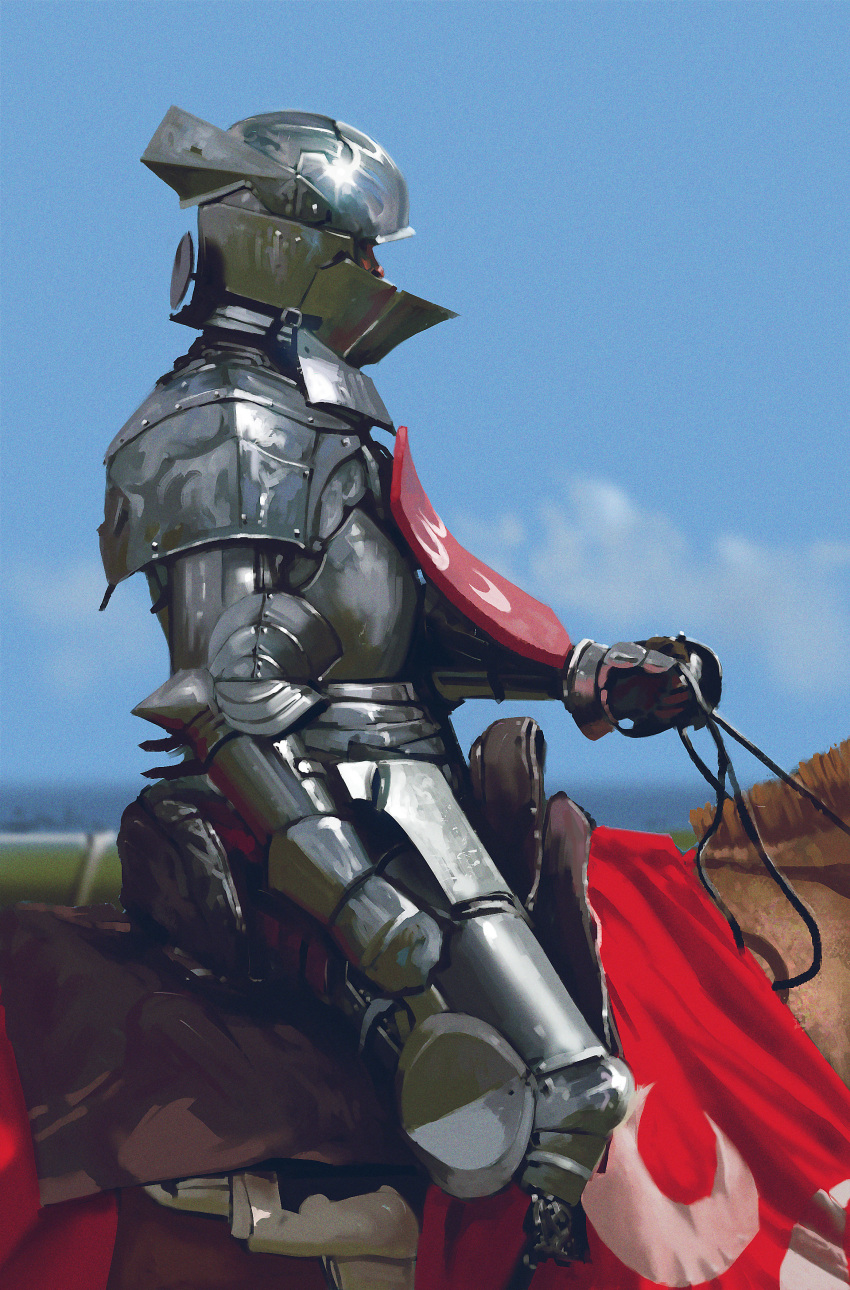 absurdres armor armored_boots blurry blurry_background boots breastplate clouds day facing_to_the_side from_side full_armor gauntlets helm helmet highres holding horse kalmahul knight leash original outdoors riding shiny shoulder_plates