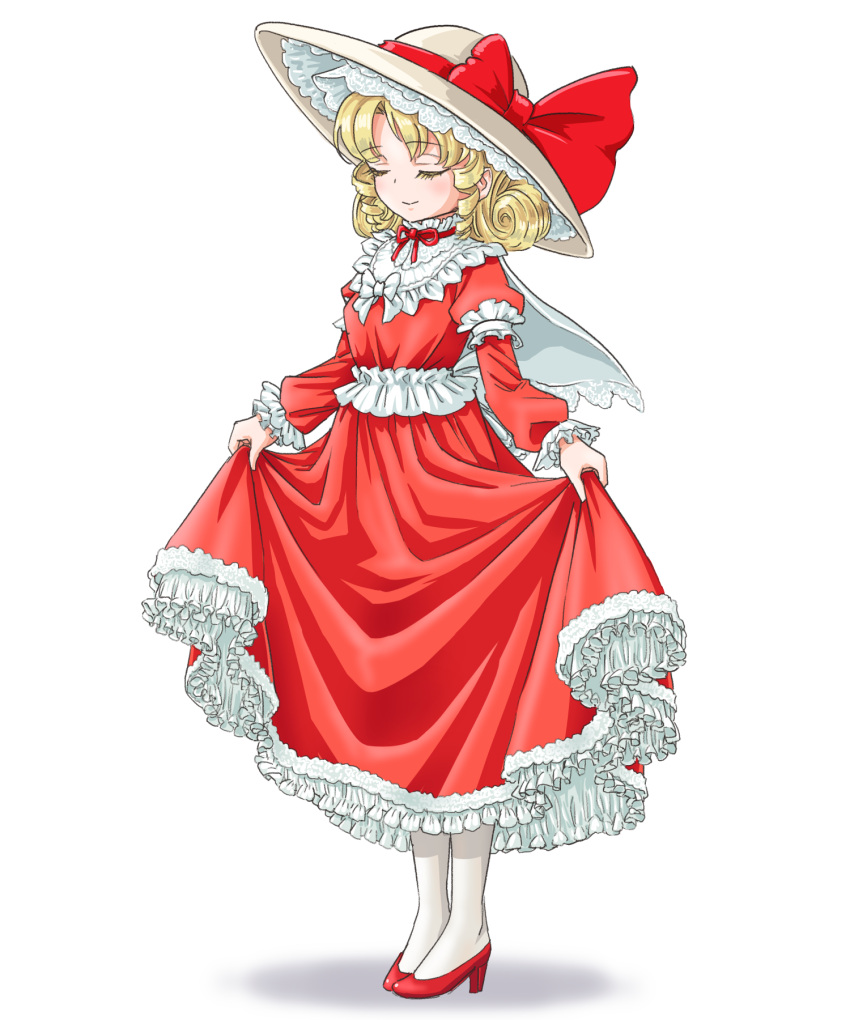 1girl bangs blonde_hair bow capelet closed_eyes closed_mouth commentary_request curly_hair dress dress_bow drill_hair elly_(touhou) eyebrows_visible_through_hair facing_viewer frilled_dress frilled_shirt_collar frilled_sleeves frills full_body hat hat_bow hat_ribbon high_heels highres juliet_sleeves lace-trimmed_capelet lace-trimmed_dress lace-trimmed_headwear lace_trim light_blush long_dress long_sleeves medium_hair neck_ribbon pantyhose parted_bangs puffy_sleeves pumps red_bow red_dress red_footwear red_ribbon ribbon s-a-murai shoes sidelocks simple_background skirt_hold smile solo standing sun_hat touhou touhou_(pc-98) twin_drills white_background white_bow white_capelet white_headwear white_legwear
