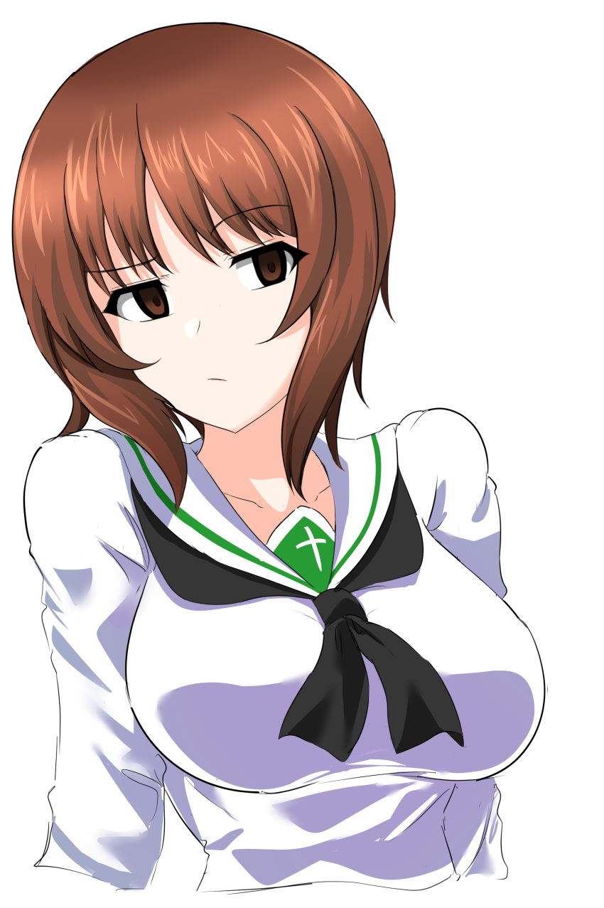 1girl absurdres aikir_(jml5160) bangs blouse brown_eyes brown_hair closed_mouth commentary cropped_torso eyebrows_visible_through_hair frown girls_und_panzer highres long_sleeves looking_at_viewer neckerchief nishizumi_miho ooarai_school_uniform raised_eyebrow sailor_collar school_uniform serafuku short_hair simple_background sketch solo upper_body white_background white_blouse white_sailor_collar