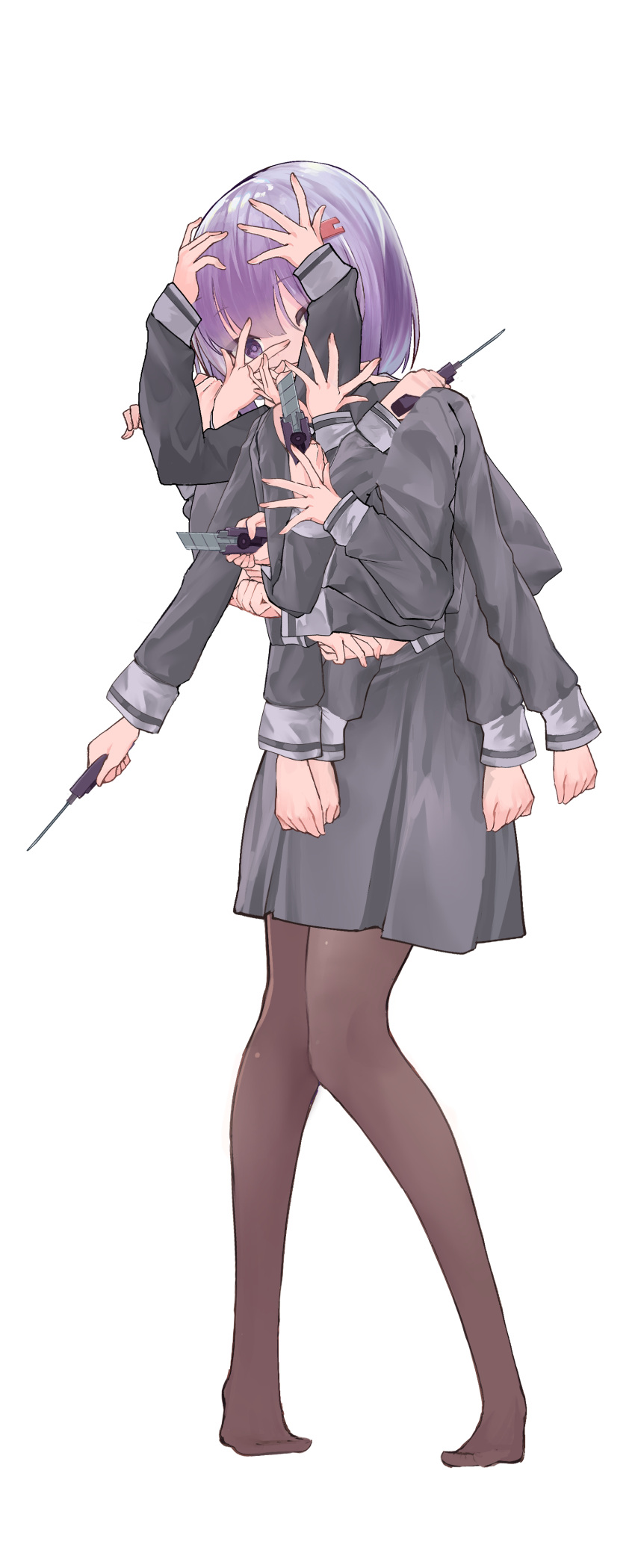 1girl a.i._voice absurdres boxcutter covering_face extra_arms full_body grey_shirt grey_skirt hair_ornament hairclip hands_on_lap hands_on_own_face hands_on_own_head hands_up highres holding_boxcutter microa miniskirt no_shoes own_hands_together pantyhose pigeon-toed pleated_skirt purple_hair school_uniform shirt short_hair simple_background skirt solo standing surreal violet_eyes voiceroid white_background yuzuki_yukari yuzuki_yukari_(shizuku)