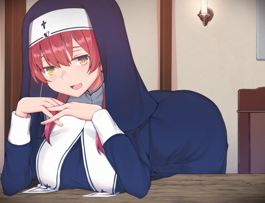 1girl bangs blush breasts commentary_request habit heterochromia highres hololive houshou_marine kaname_(melaninusa09) long_hair looking_at_viewer nun red_eyes redhead smile virtual_youtuber yellow_eyes