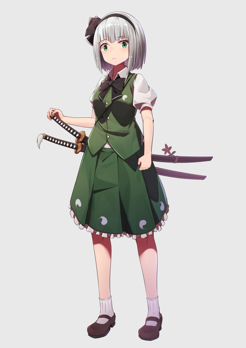 1girl 1jio black_footwear black_hairband blue_eyes bob_cut bobby_socks breasts buttons closed_mouth collared_shirt commentary_request dot_nose expressionless eyebrows_visible_through_hair frilled_skirt frills full_body green_skirt grey_background hairband highres hitodama_print katana konpaku_youmu looking_at_viewer puffy_short_sleeves puffy_sleeves shirt shoes short_hair short_sleeves simple_background skirt small_breasts socks solo standing sword sword_behind_back touhou wakizashi weapon white_hair white_shirt wing_collar