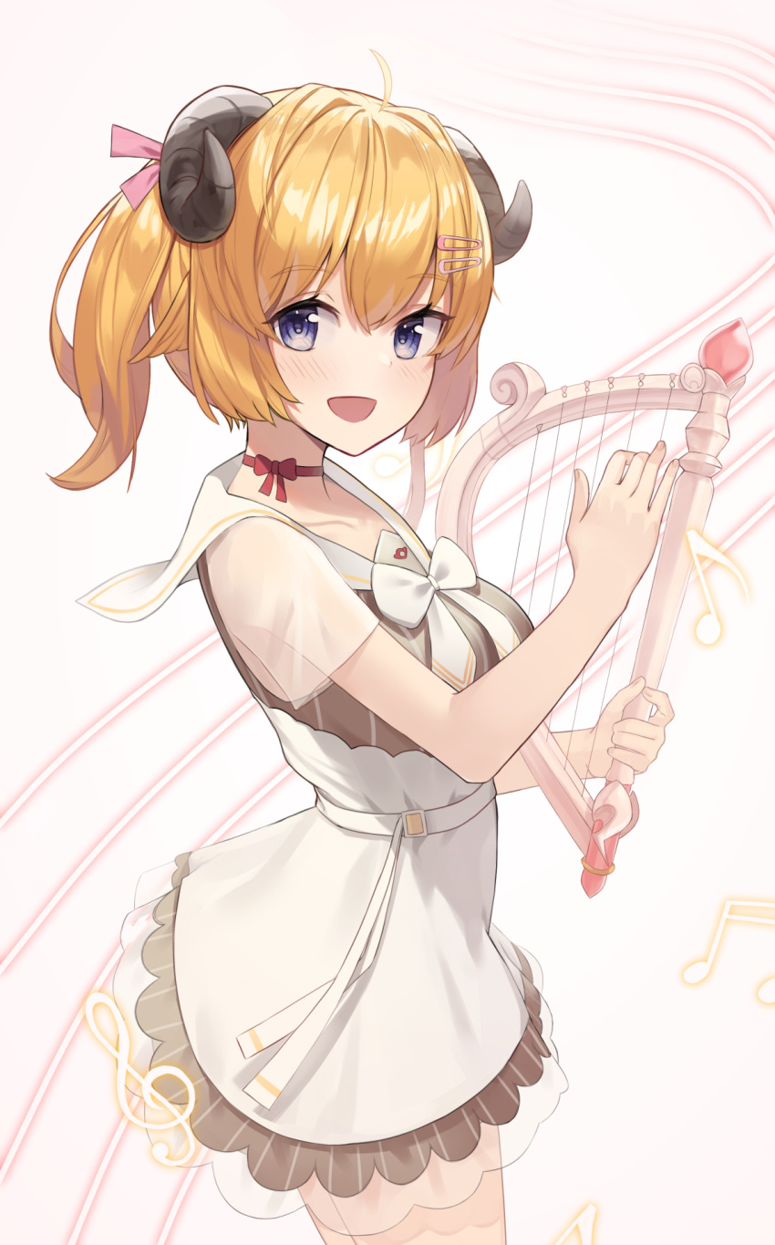 1girl :d ahoge animal_ears bangs blonde_hair bow bowtie brown_dress choker commentary cowboy_shot dress eyebrows_visible_through_hair from_side hair_between_eyes hair_ribbon harp highres holding holding_instrument hololive horns instrument looking_at_viewer looking_to_the_side music musical_note open_mouth overskirt pink_ribbon playing_instrument red_choker ribbon sailor_collar sheep_ears sheep_girl sheep_horns short_hair short_sleeves smile solo standing striped striped_dress tsunomaki_watame vertical-striped_dress vertical_stripes violet_eyes virtual_youtuber white_bow white_bowtie white_sailor_collar woogi_(duguddnr)