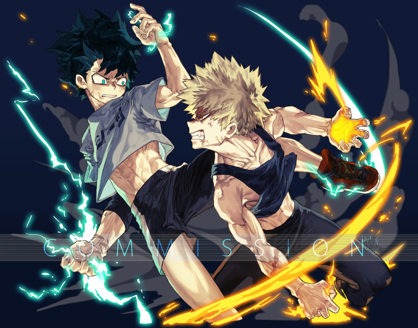 abs bakugou_katsuki blonde_hair blue_eyes boku_no_hero_academia commentary commission eye_contact freckles green_hair highres leeis_cool looking_at_another male_focus midoriya_izuku midriff_peek multiple_boys muscular muscular_male navel red_eyes red_footwear scar short_hair shorts simple_background superhero teeth