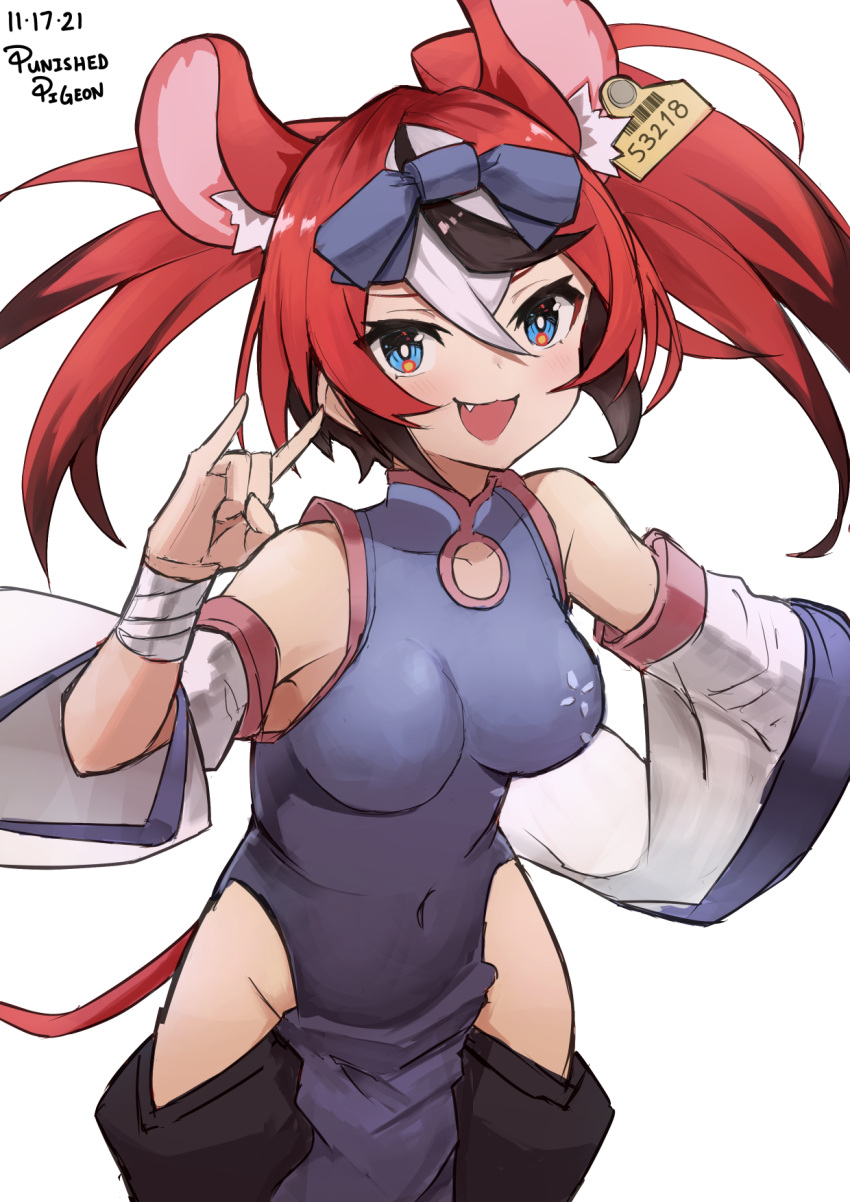 1girl :d \n/ animal_ear_fluff animal_ears artist_name asymmetrical_hair bandaged_wrist bandages black_hair blue_eyes blue_leotard bow breasts clothing_cutout covered_navel cowboy_shot dated detached_sleeves ear_tag fang hair_bow hakos_baelz hand_up highres hololive leotard medium_breasts mouse_ears mouse_girl mouse_tail multicolored_hair open_mouth punished_pigeon redhead simple_background smile solo streaked_hair tail thigh_cutout twintails white_background white_hair wide_sleeves